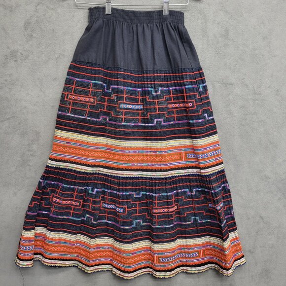 Thai Black Cotton Handwoven Embroidered Multi Color Women's Long Skirt SZ Small - Picture 2 of 13